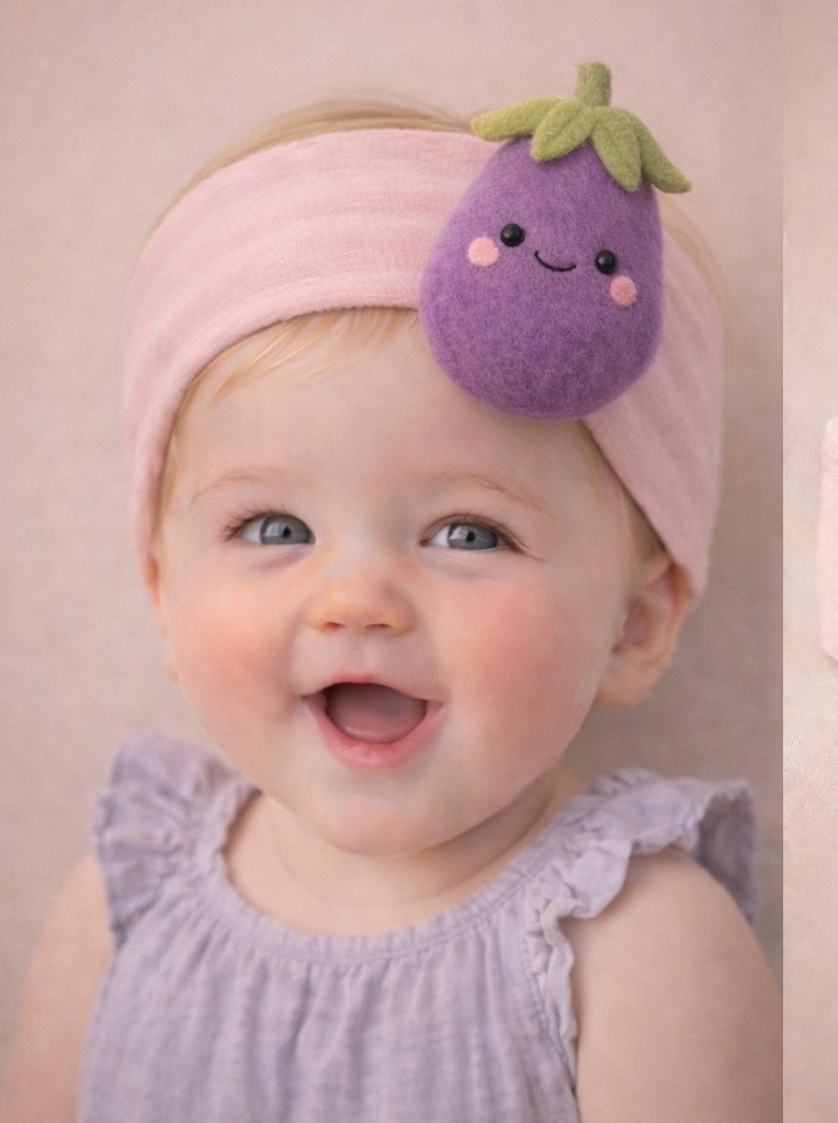 Niedliches Baby-Stirnband mit Auberginen-Puppe – weiches elastisches Accessoire für Großhandel (B2B)