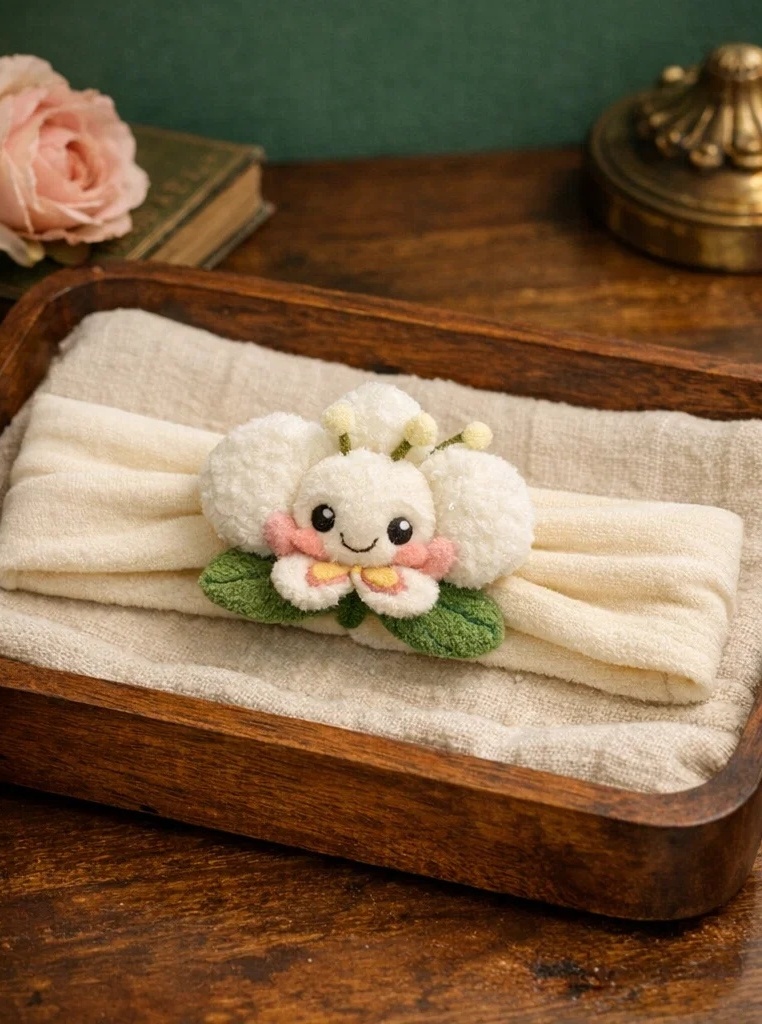 Diadema para bebé con flor blanca de felpa – producto estrella para mayoristas y boutiques infantiles