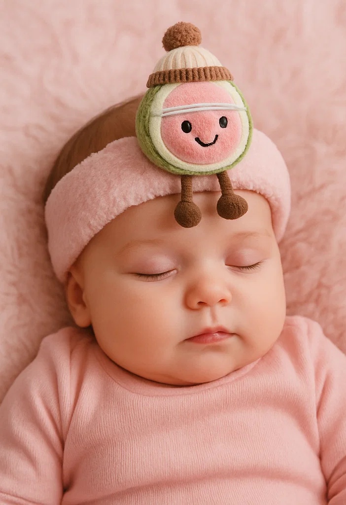 Diadema de bebé de peluche fruta rosa con hoja verde – Lindo accesorio para el cabello infantil de dibujos animados