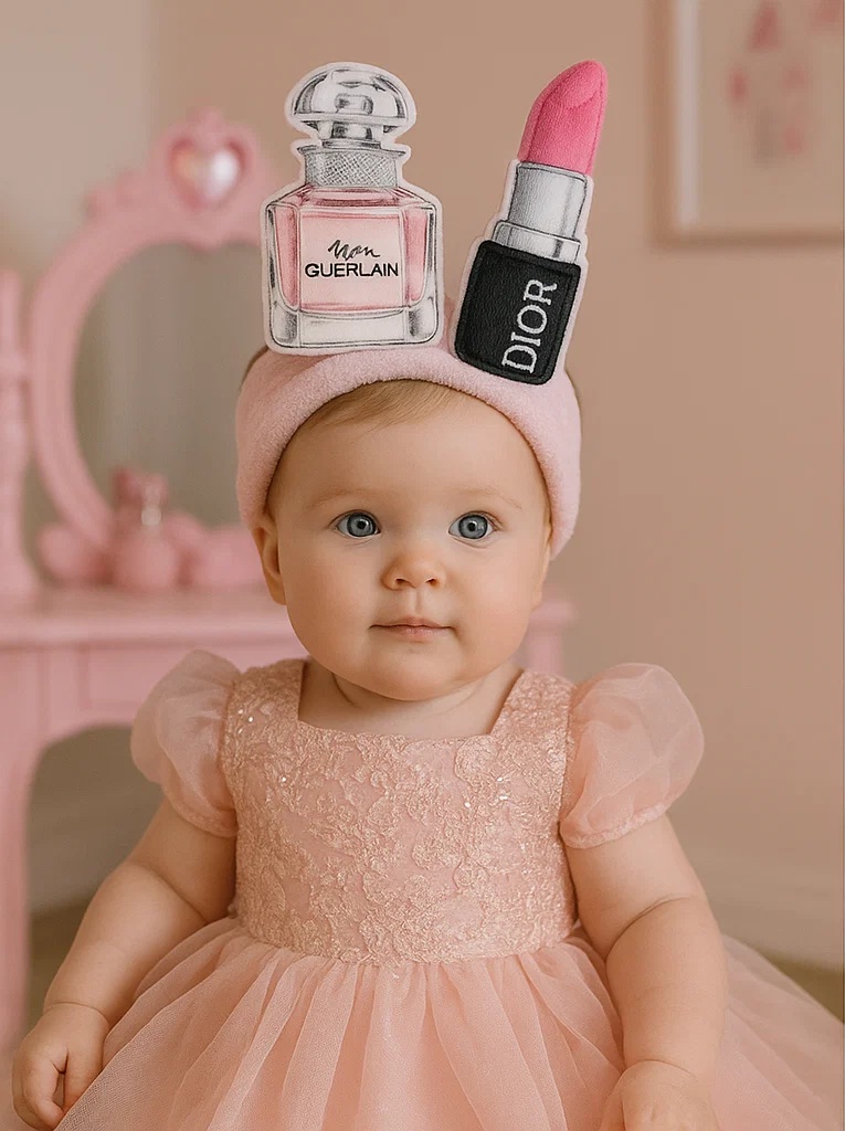 Lindo diadema de bebé de peluche con perfume Guerlain y lápiz labial Dior - Rosa suave, cómodo y elegante