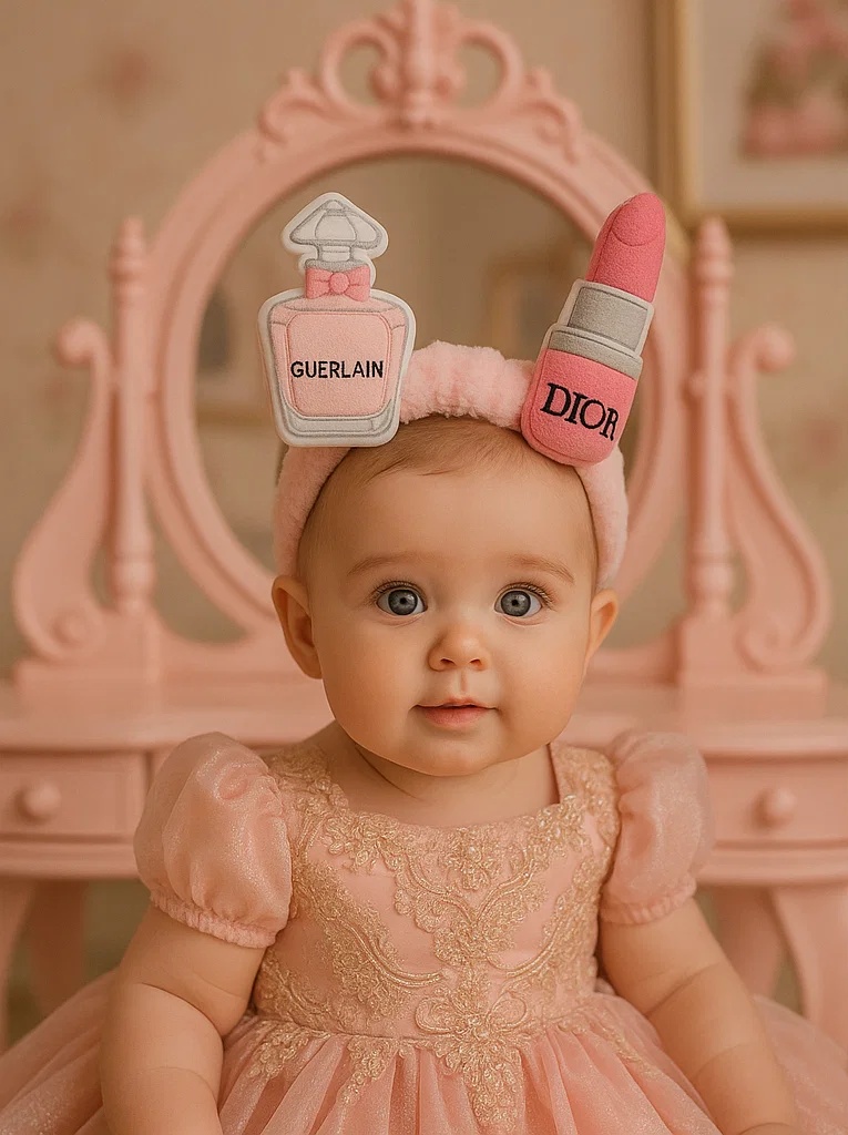 Cute Guerlain Perfume & Dior Lipstick Plush Baby Headband - Rosa suave, confortável e estiloso