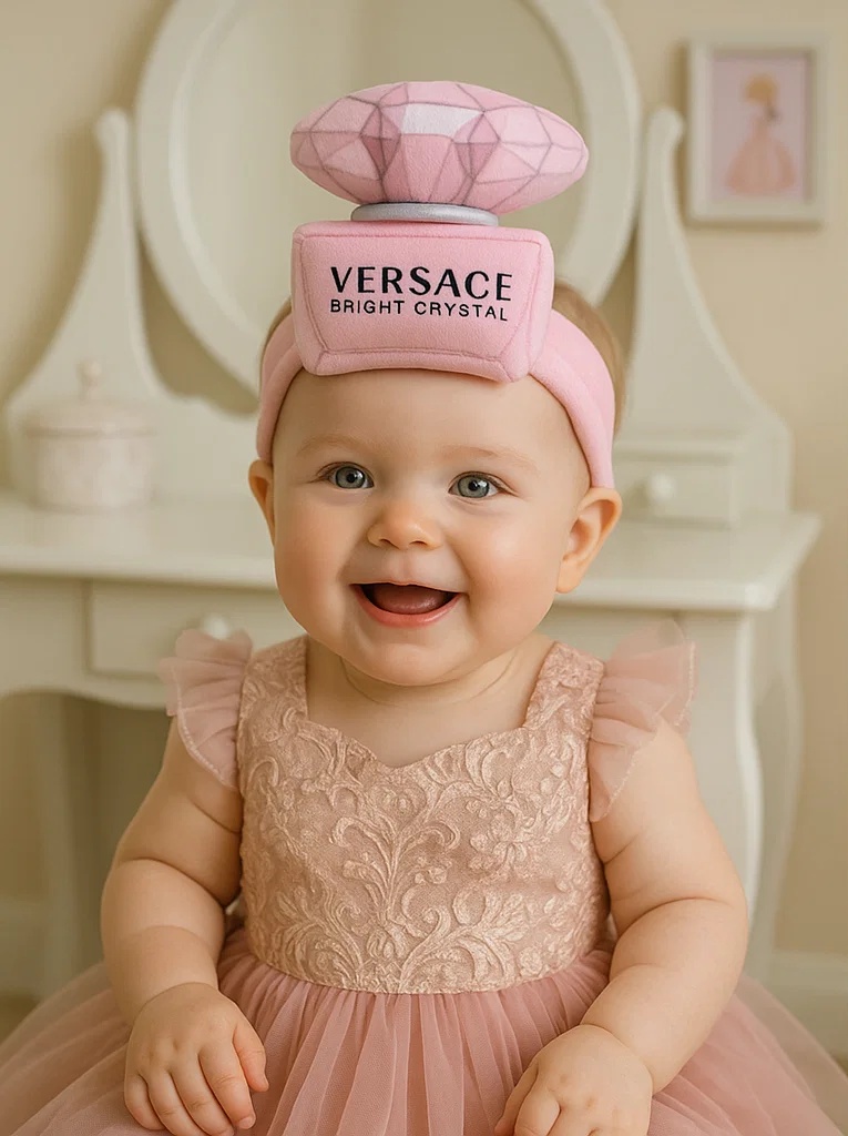 Diadema de peluche para bebé con diseño de perfume Versace Bright Crystal