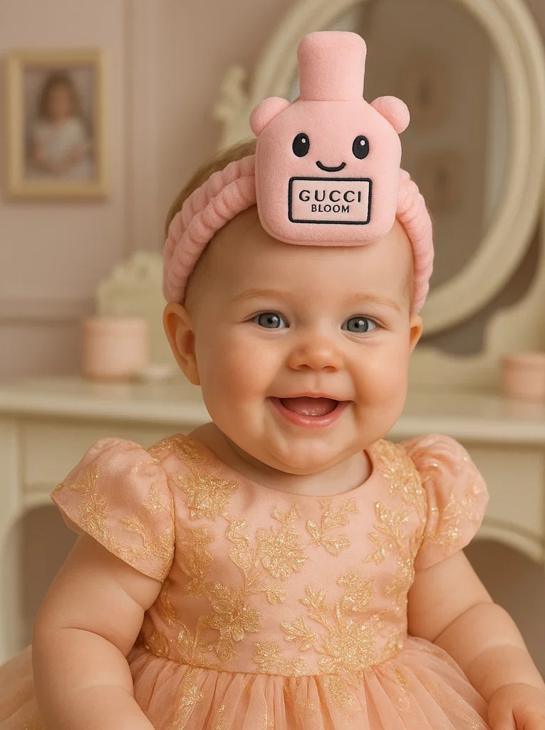 Plush Gucci Bloom Perfume Cute Face Baby Headband – Soft Makeup Doll Hairband for Girls