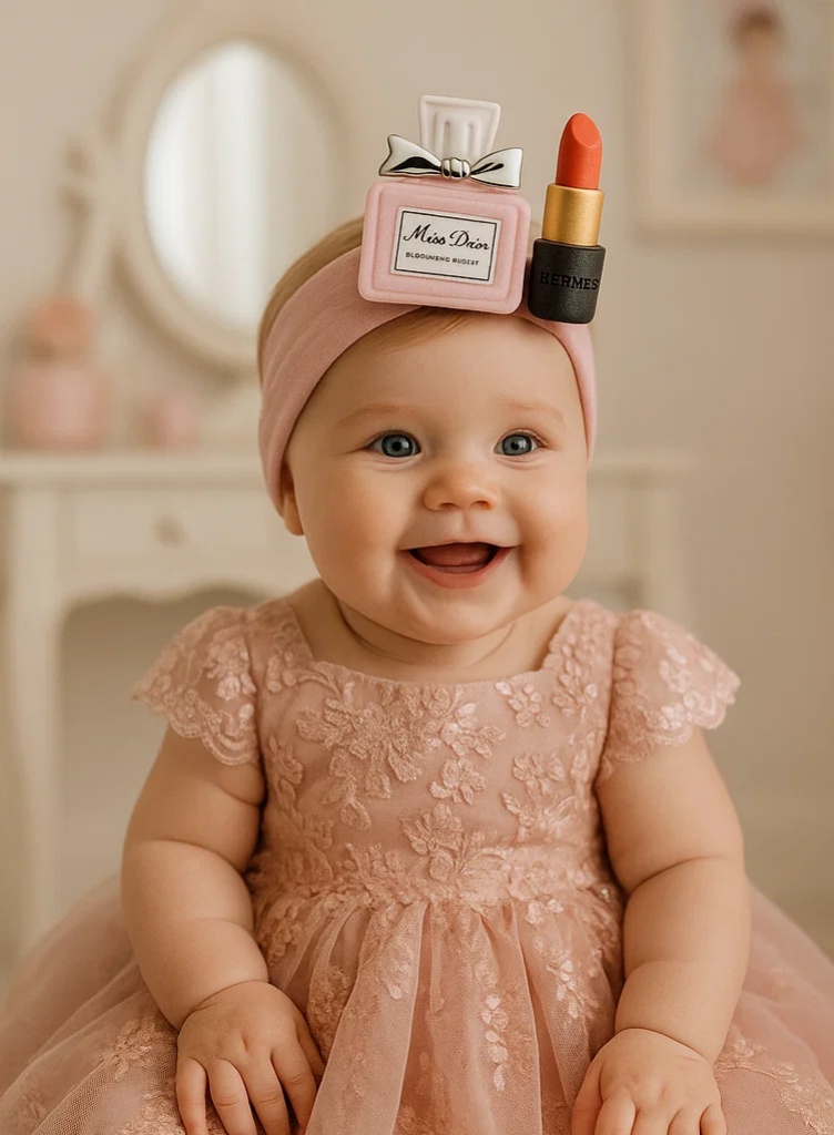 Plush Miss Dior Perfume & Hermes Lipstick Baby Headband – Cute Soft Makeup Doll Hairband for Girls