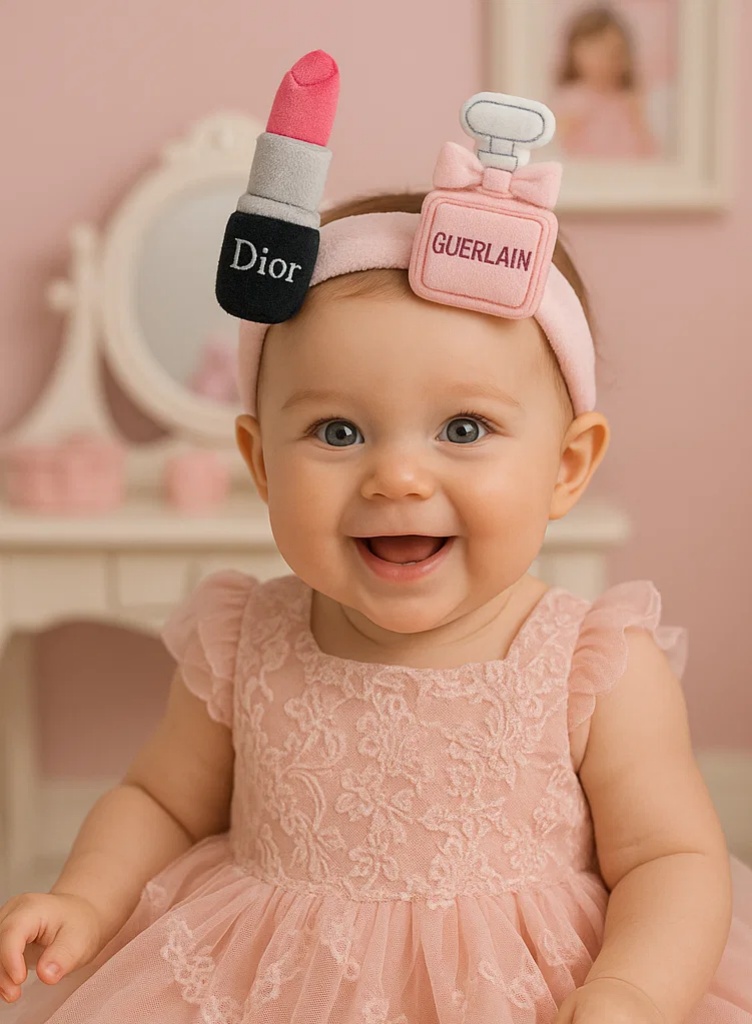 Diadema para bebé con decoración de peluche de perfume y pintalabios Dior