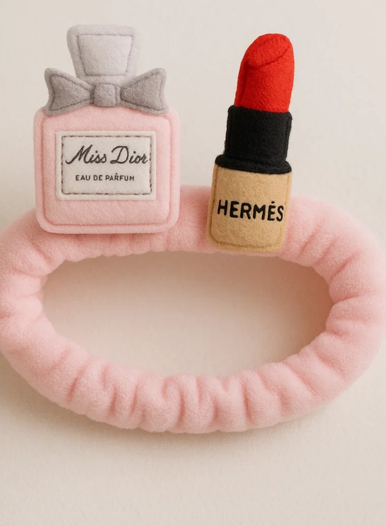 Faixa de cabelo para bebê com decoração de pelúcia de perfume e batom Dior