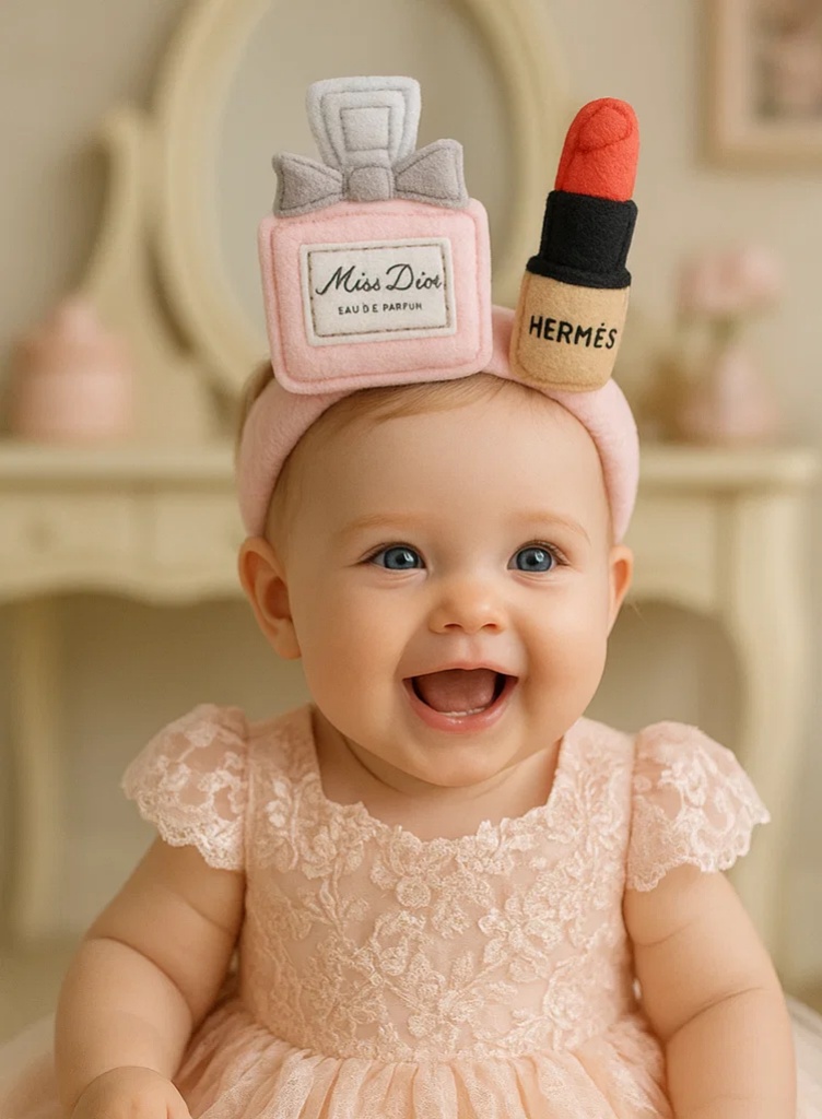 Faixa de cabelo para bebê com decoração de pelúcia de perfume e batom Dior