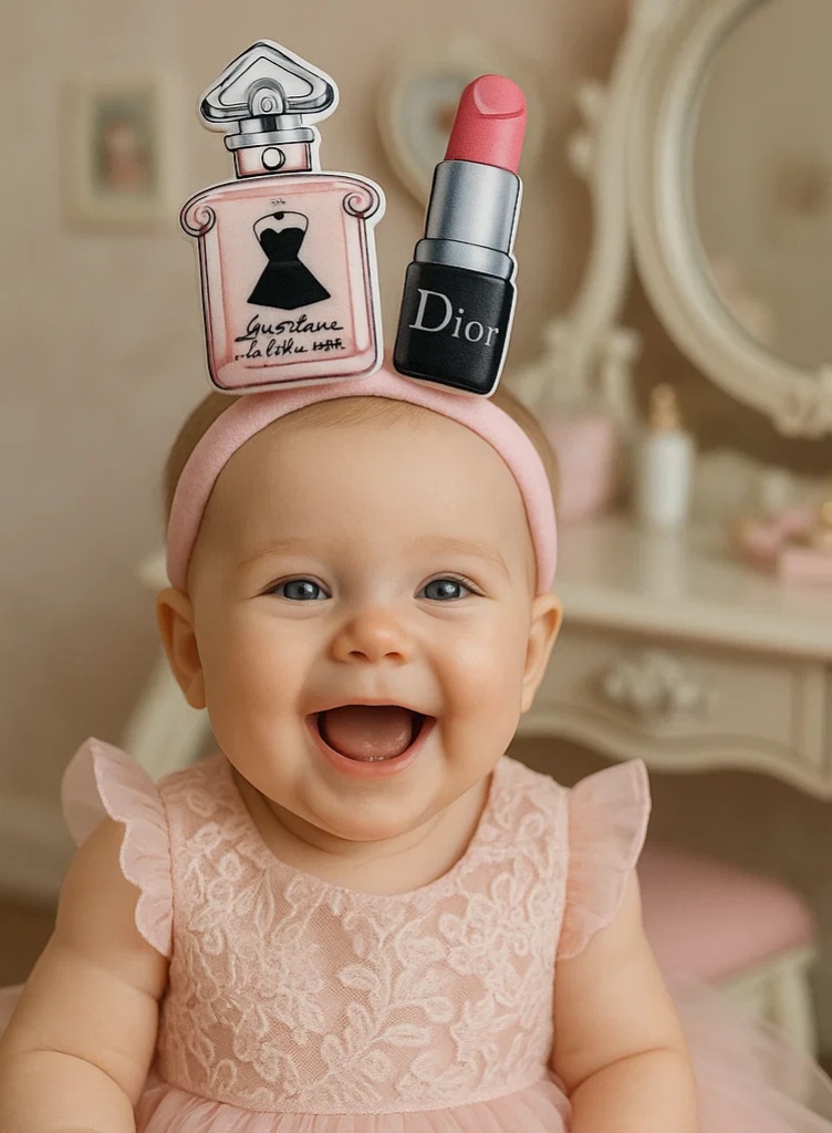 Bentiță pentru bebeluși cu decor din pluș Dior parfum și ruj