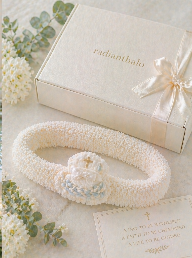 Wholesale Christening Detachable Doll Headband for Babies – Ivory Lace Baptism Hair Accessory with Gold Cross Accent