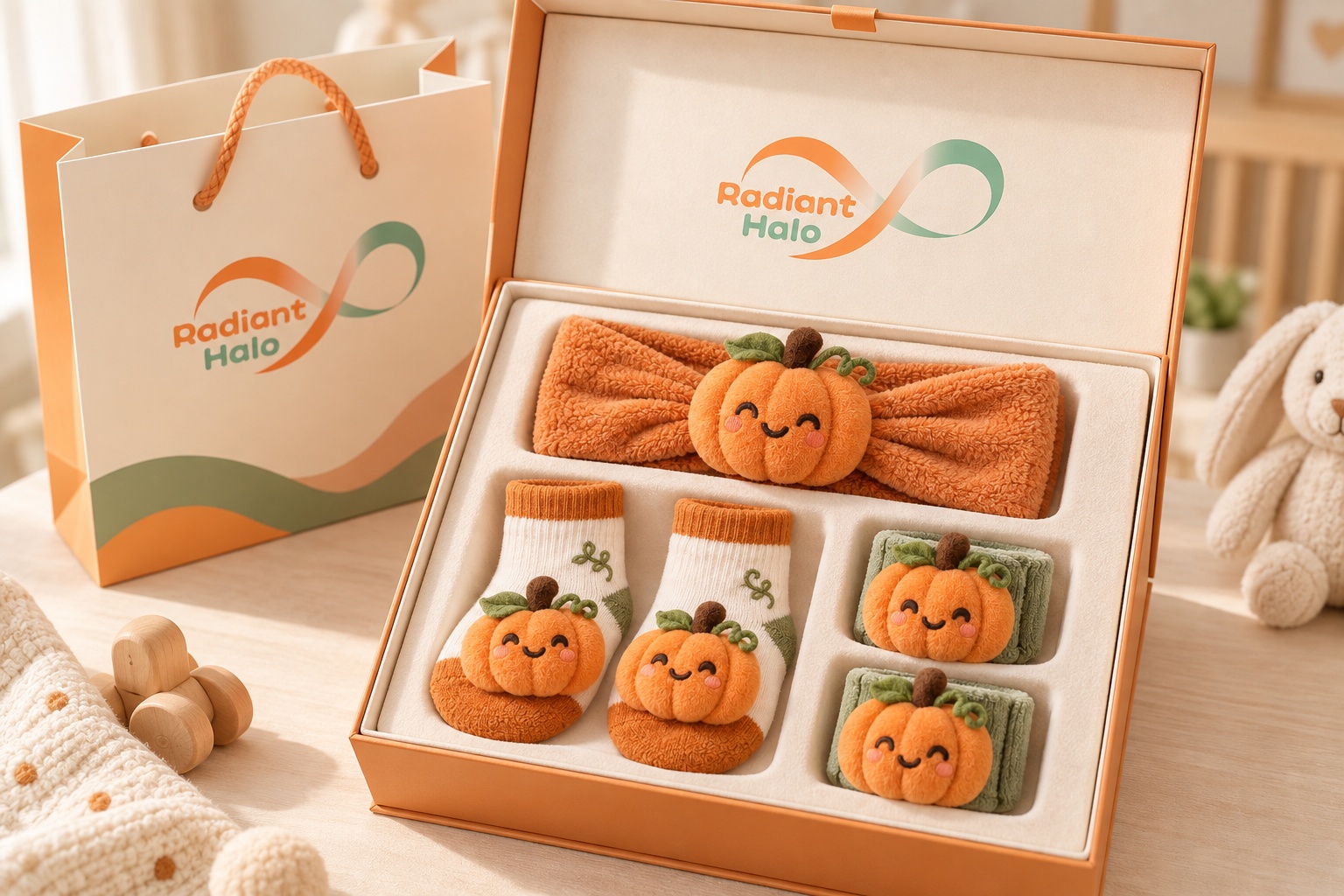 Wholesale Halloween Pumpkin Baby Headband Gift Set with Socks & Plush Wristbands | Boutique Seasonal Baby Accessories