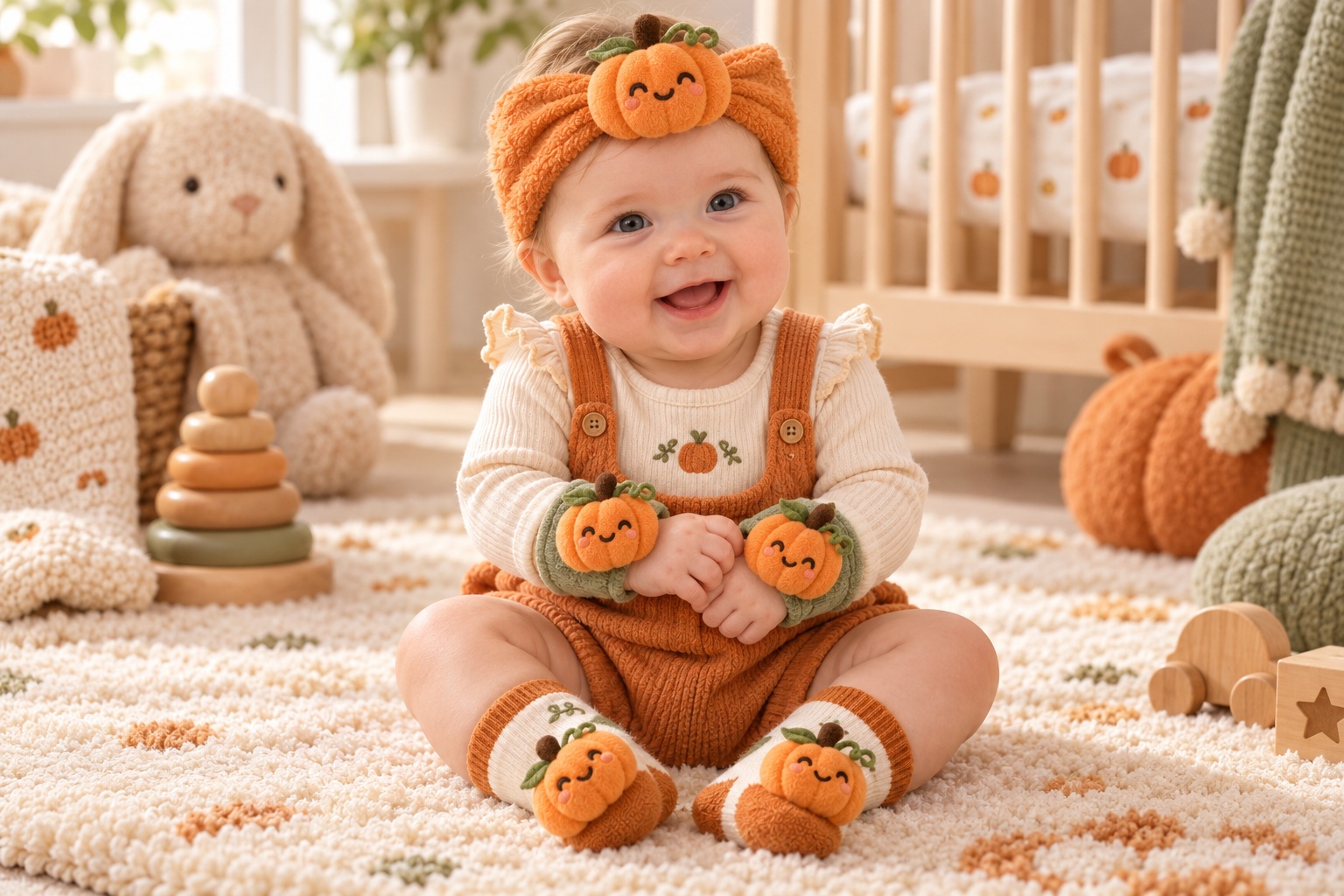 Wholesale Halloween Pumpkin Baby Headband Gift Set with Socks & Plush Wristbands | Boutique Seasonal Baby Accessories