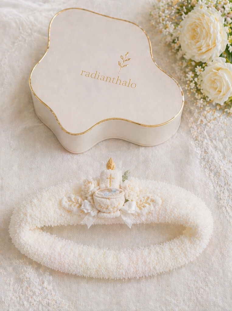 卸売・OEM対応 ベビー洗礼式用 取り外し可能ドールヘアバンド 金色クロス刺繍＆レース花飾り