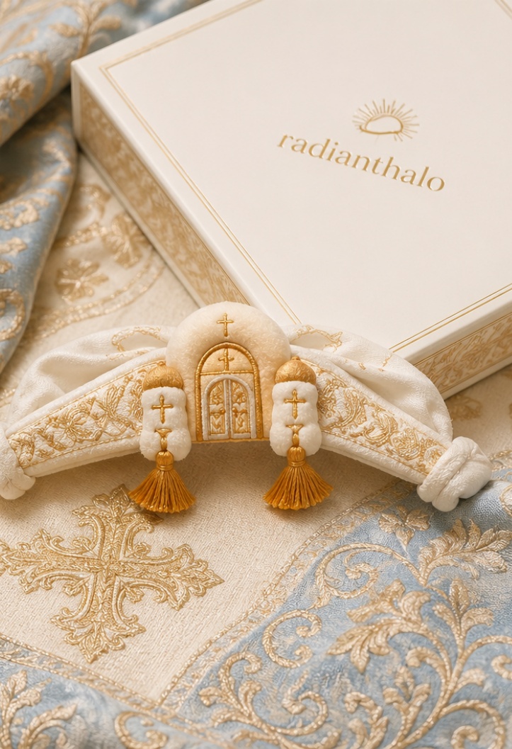 Wholesale Orthodox Christening Detachable Plush Doll Baby Headband with Gold Cross Tassel