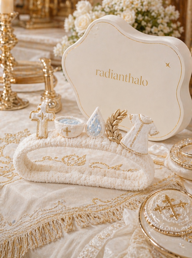 Velkoobchodní kojenecká křestní odnímatelná panenková čelenka – luxusní ivory doplněk s křížem, kalichem a slavnostními motivy pro křest, butikové sady a focení
