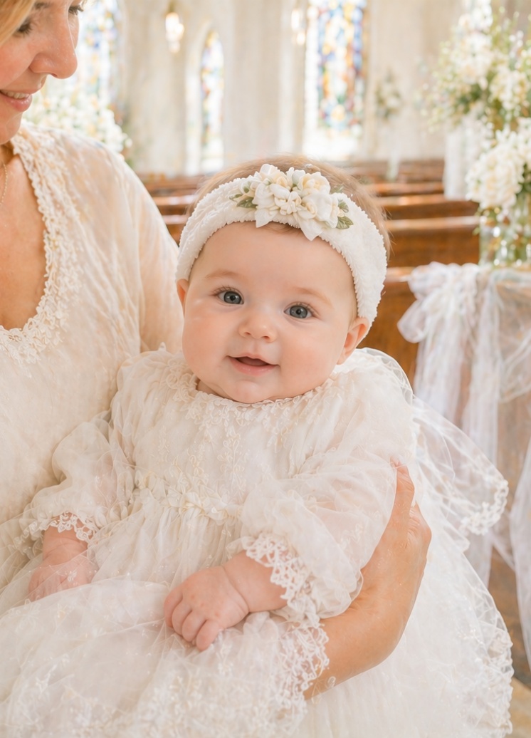 Wholesale Ivory Lace Baby Christening Headband with Detachable Doll Flower Appliqué for Baptism Boutiques
