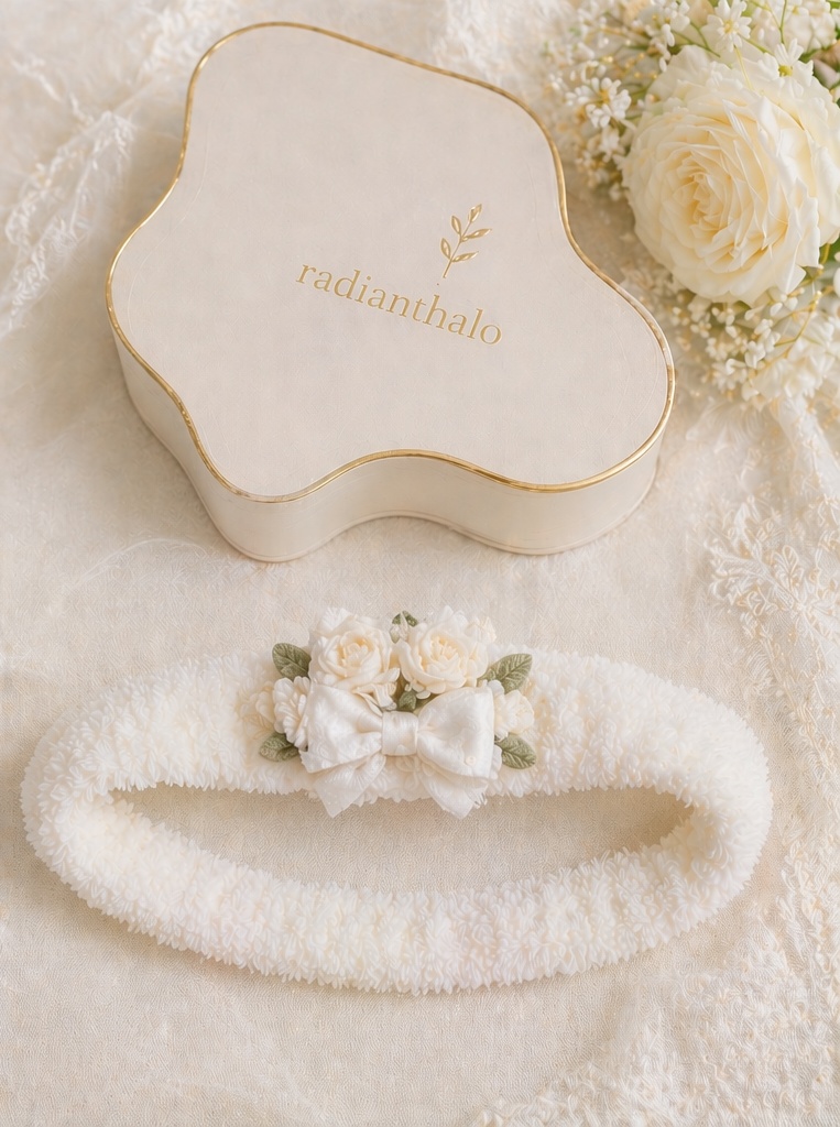 Wholesale Ivory Lace Baby Christening Headband with Detachable Doll Flower Appliqué for Baptism Boutiques