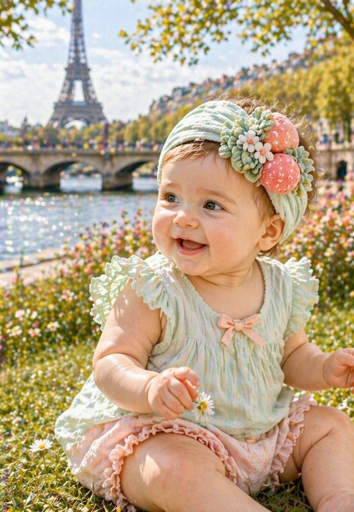 Mintgrünes Baby-Stirnband mit doppelten Erdbeeren und Blüten - OEM ODM Großhandel Private Label