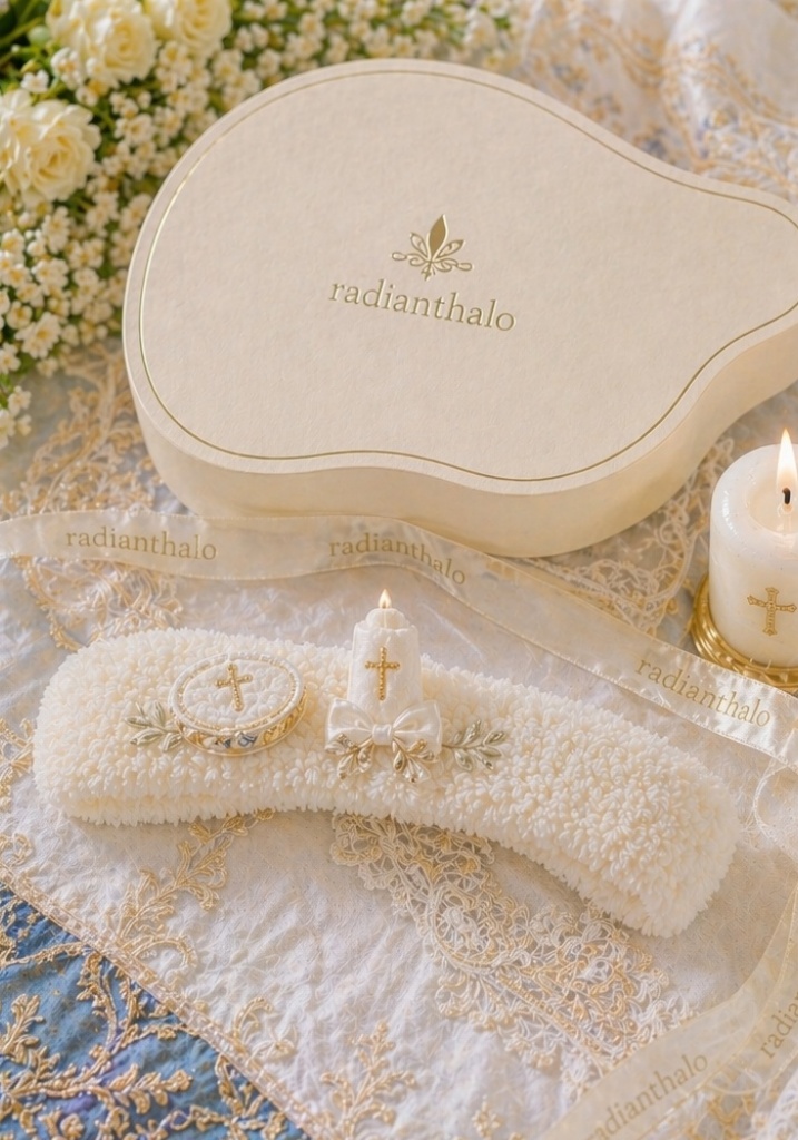 Wholesale OEM Removable Christening Doll Headband with Ivory Lace, Pearl Flowers and Cross Charm for Religious Baptism Doll Collections