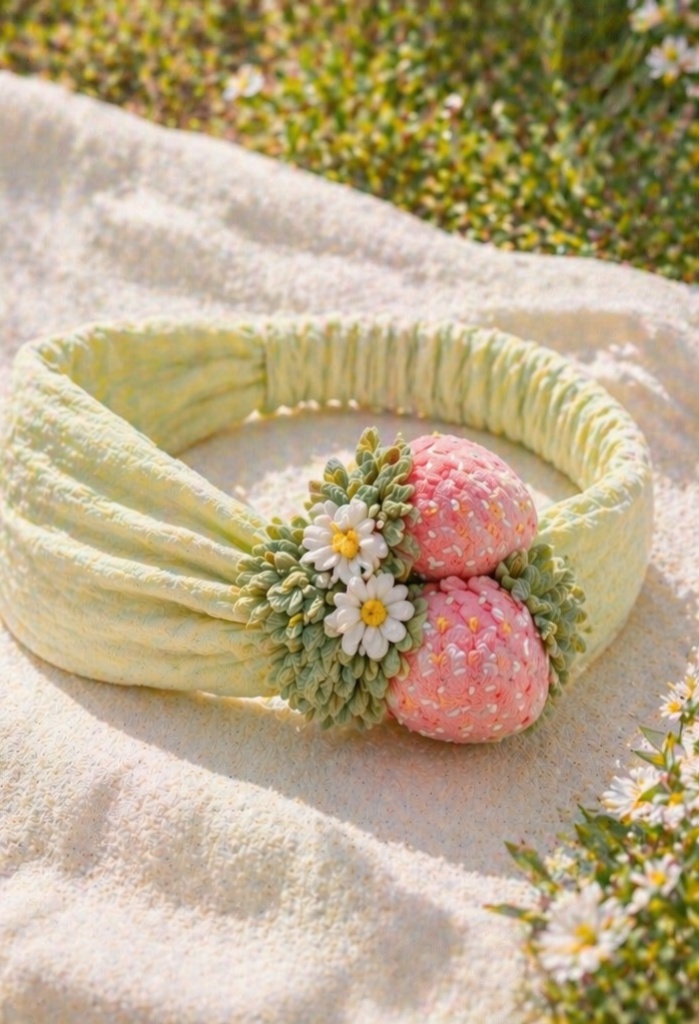 Diadema verde pastel para bebé con fresas dobles y margaritas - OEM ODM Mayorista Private Label