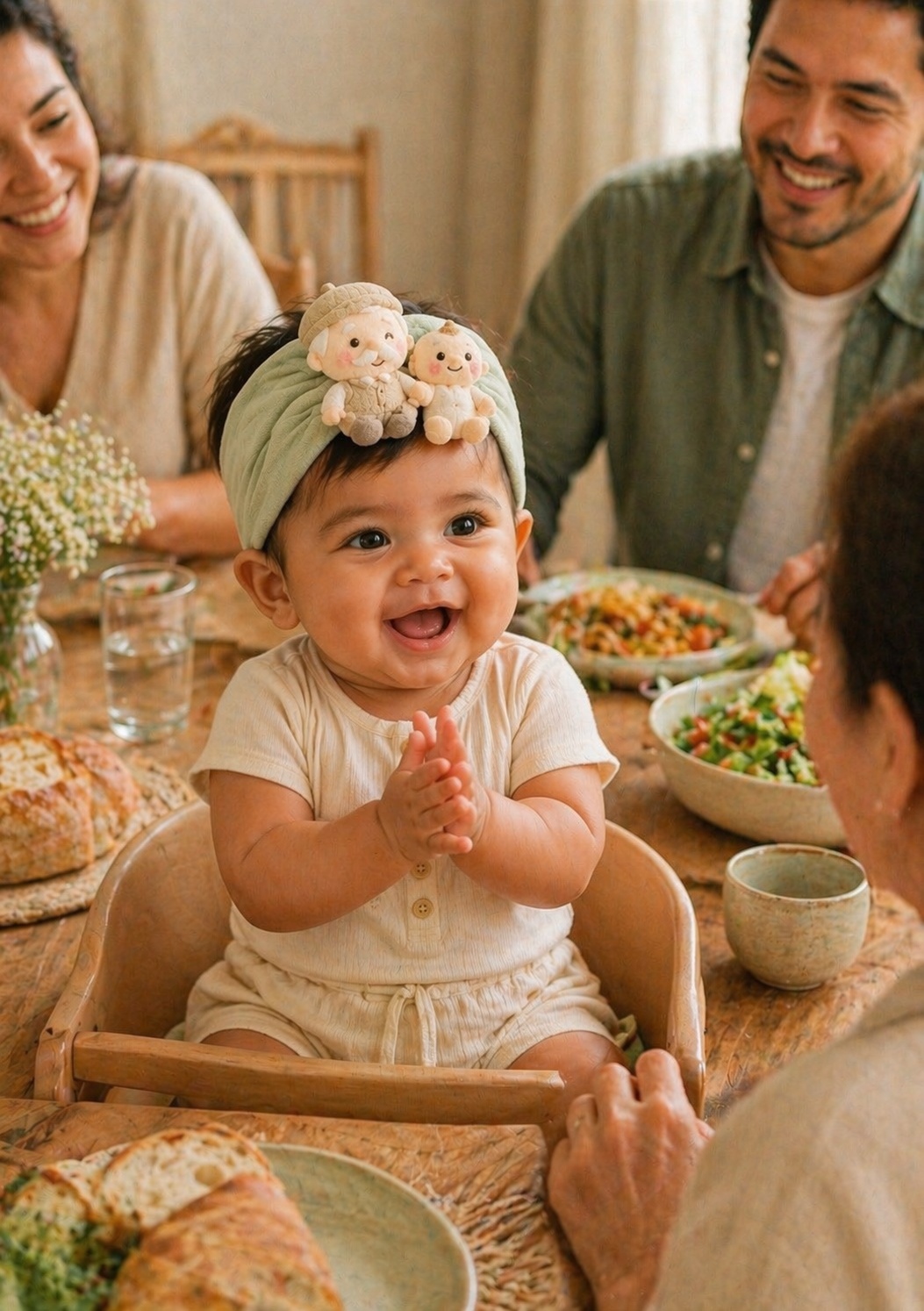 Baby-Stirnband mit abnehmbaren Plüschpuppen Opa und Baby für Boutiquen
