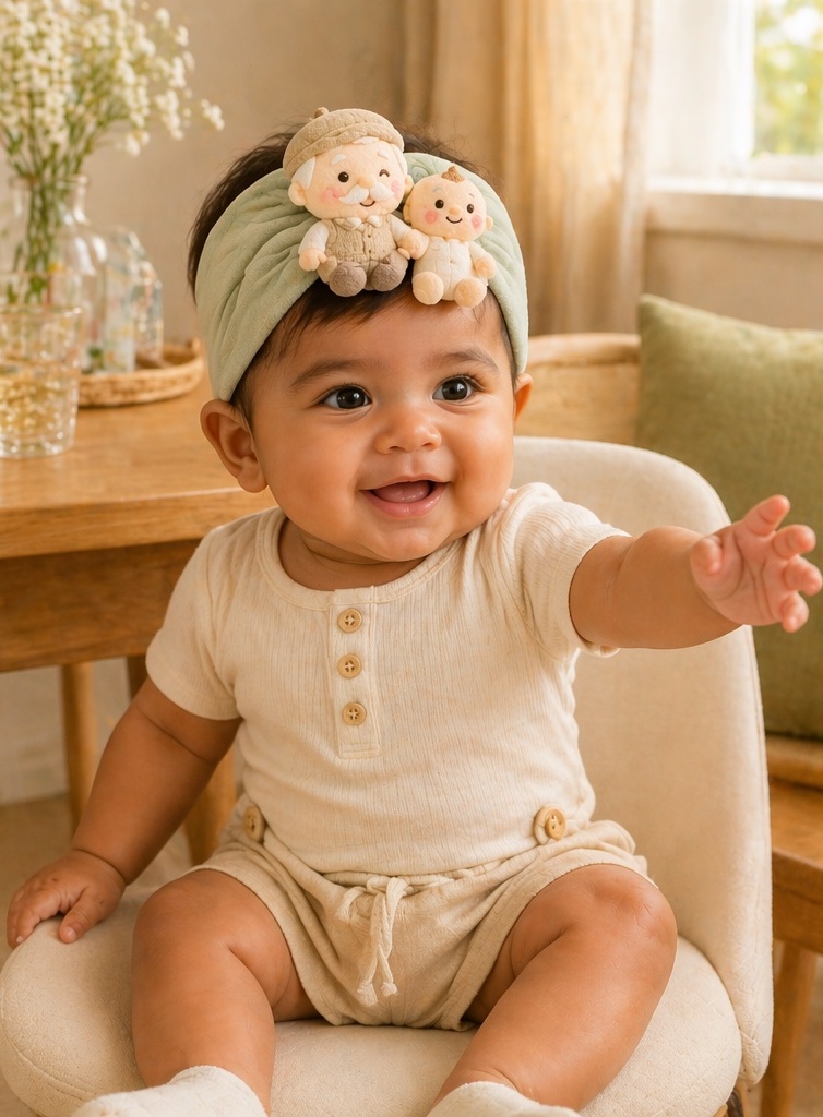 Baby-Stirnband mit abnehmbaren Plüschpuppen Opa und Baby für Boutiquen