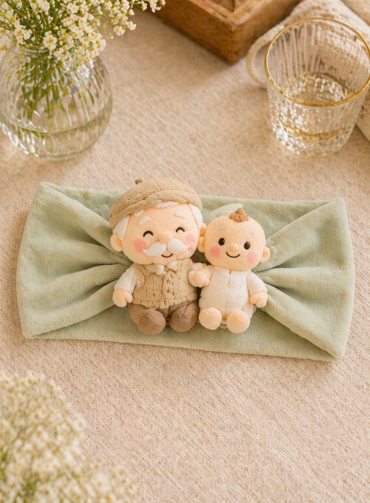 Baby-Stirnband mit abnehmbaren Plüschpuppen Opa und Baby für Boutiquen