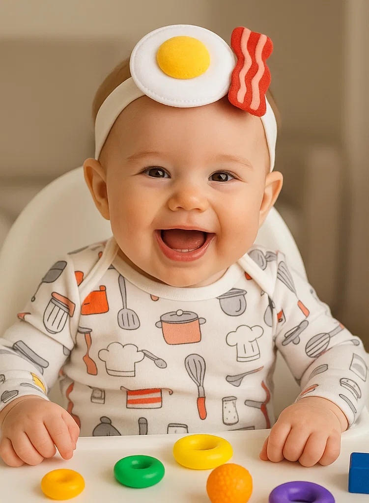 Bandeau bébé œuf au plat et bacon | Accessoire fait main idéal pour photos et cadeaux