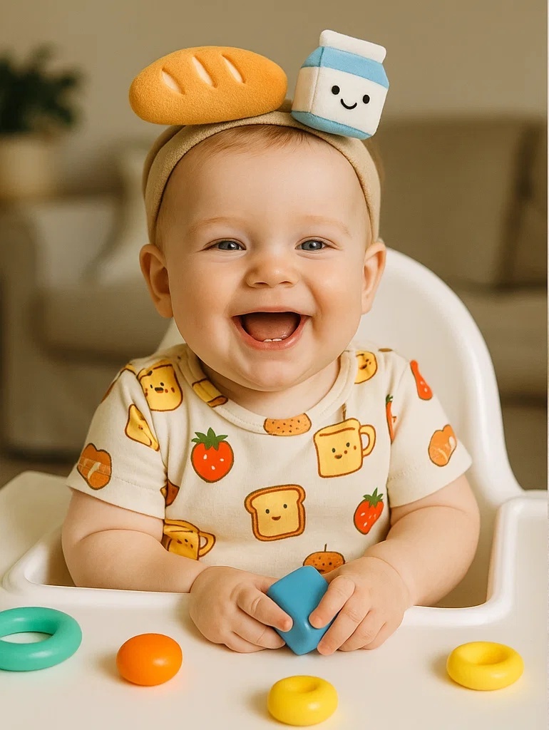 Tiara para bebê com leite sorridente e pão | Presente feito à mão ideal para fotos