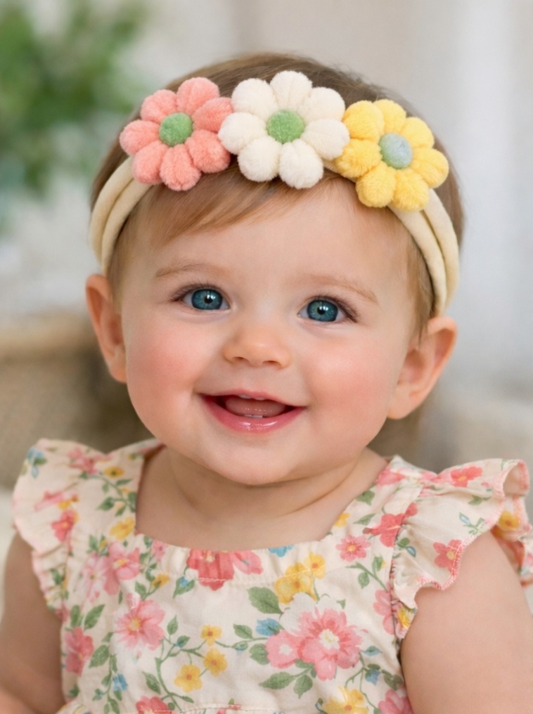 Radiant Halo Pink, Yellow, and Cream Flower Plush Baby Headband - Soft and Stylish Baby Accessory for Photos and Daily Wear