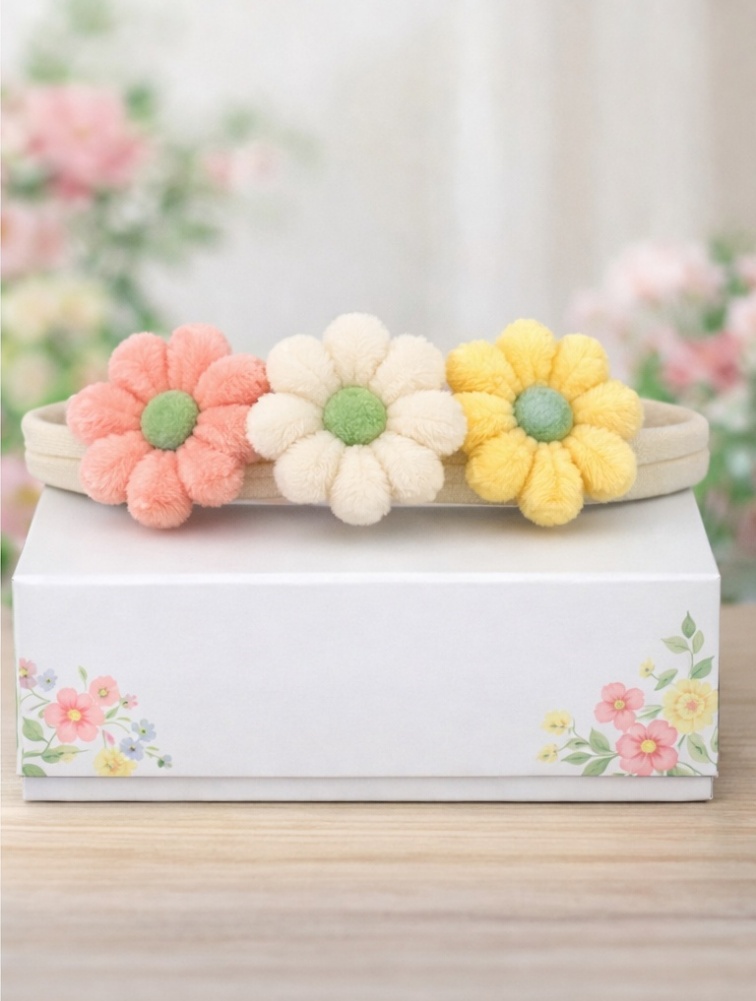 Radiant Halo Pink, Yellow, and Cream Flower Plush Baby Headband - Soft and Stylish Baby Accessory for Photos and Daily Wear