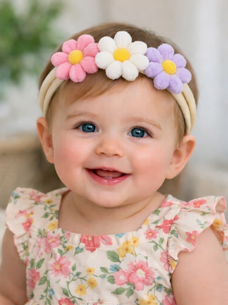 Radiant Halo Pink, White, and Purple Flower Plush Baby Headband - Soft and Comfortable Baby Accessory for Photos and Everyday Wear