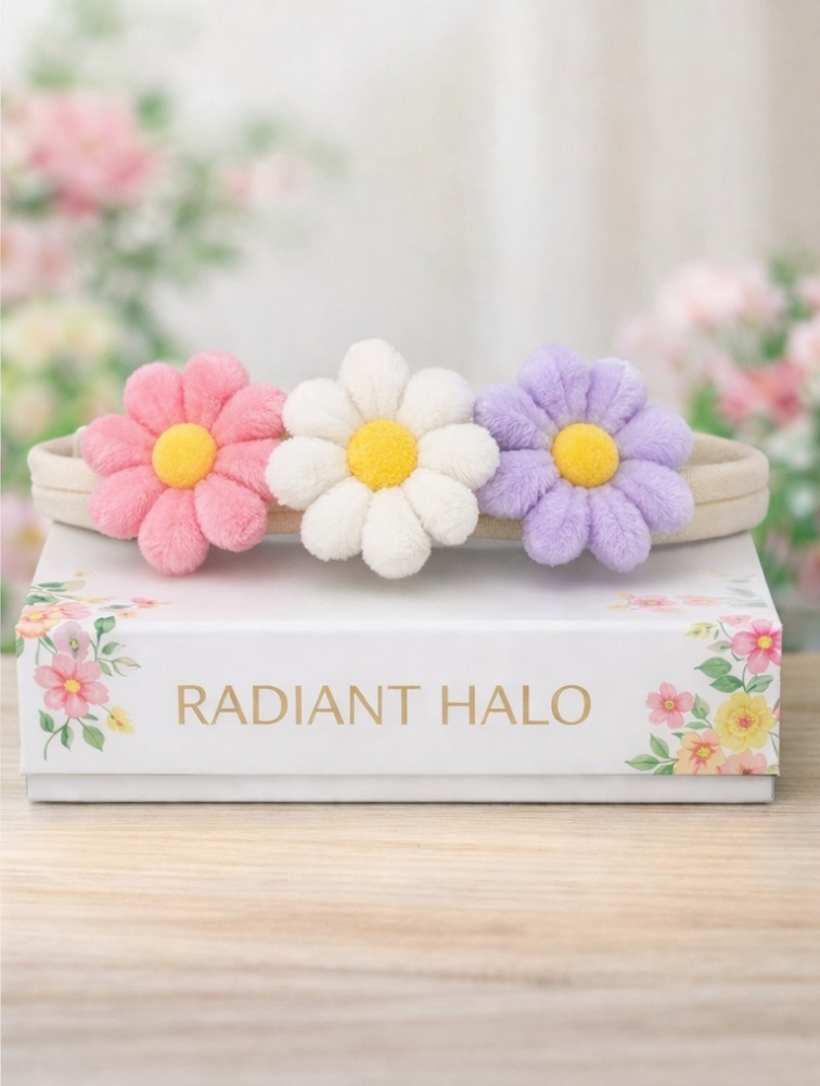 Radiant Halo Pink, White, and Purple Flower Plush Baby Headband - Soft and Comfortable Baby Accessory for Photos and Everyday Wear