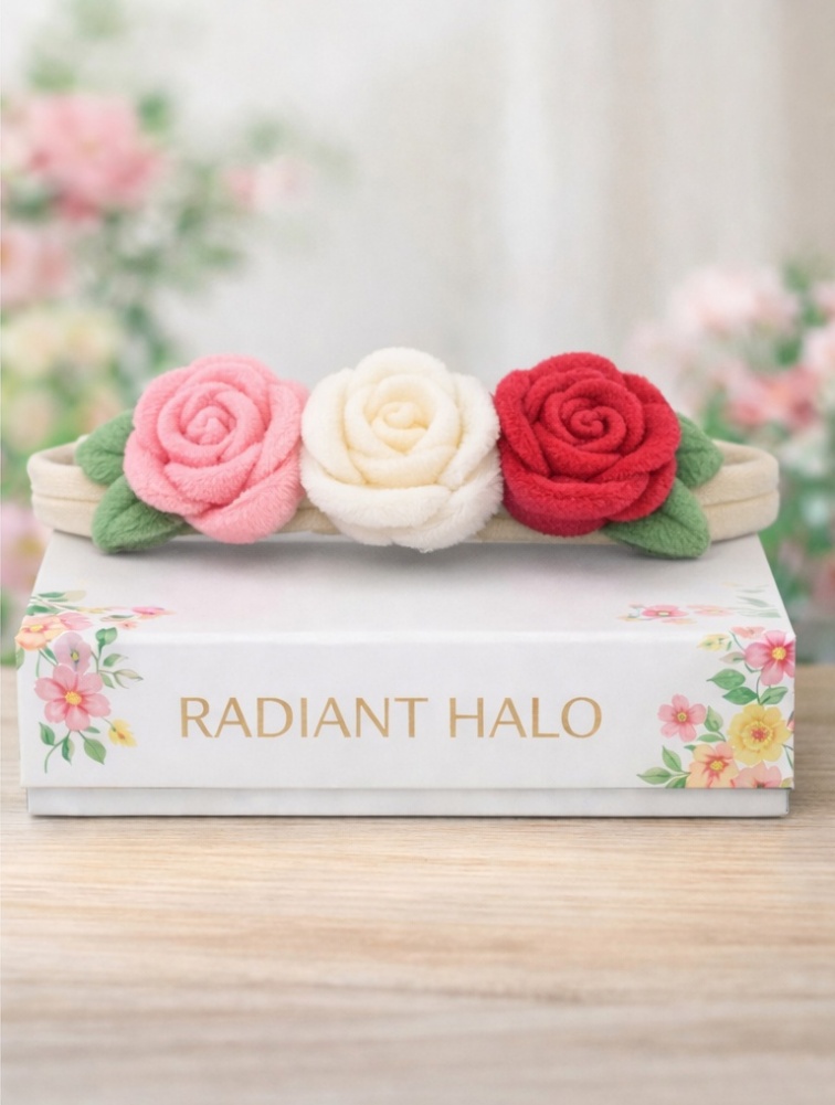 Radiant Halo Pink, White, and Red Flower Plush Baby Headband - Soft and Stylish Baby Accessory for Special Occasions and Daily Wear