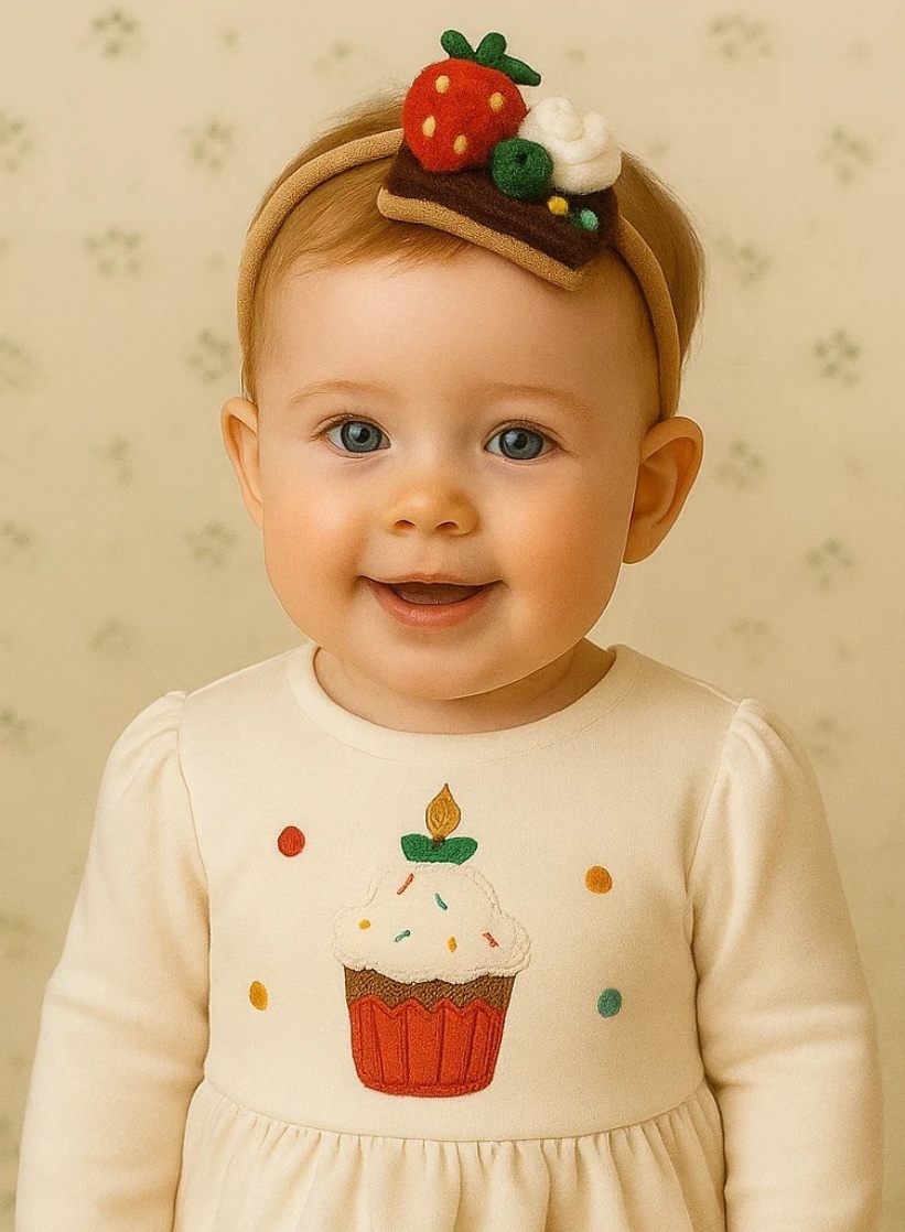 Strawberry Cake Baby Headband with Whipped Cream and Fruit Decorations