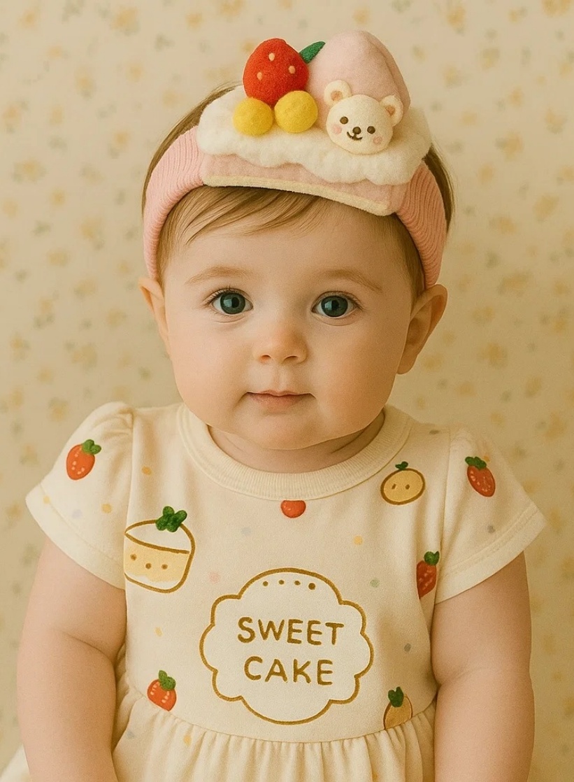 Faixa de cabelo para bebê com bolo de ursinho e decoração de frutas