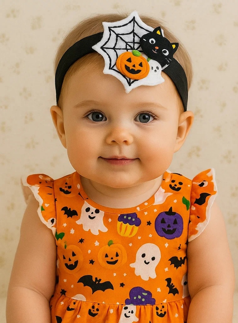 Radiant Halo Halloween Web Baby Headband with Pumpkin, Ghost, and Cat Decorations