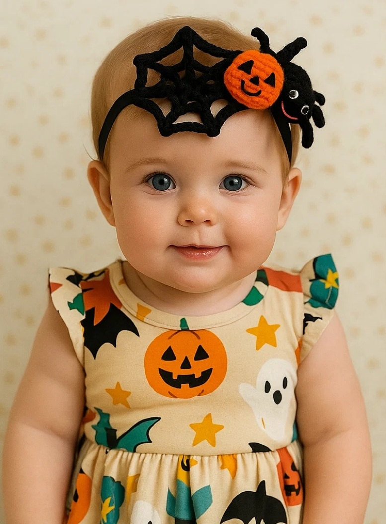 Radiant Halo Halloween Spider and Web Baby Headband with Pumpkin Accent