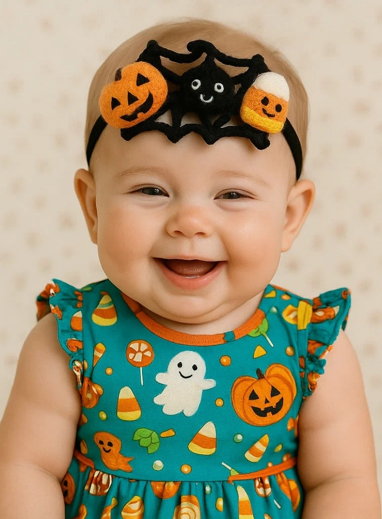 Radiant Halo Halloween Web Baby Headband with Pumpkin, Ghost, and Candy Corn