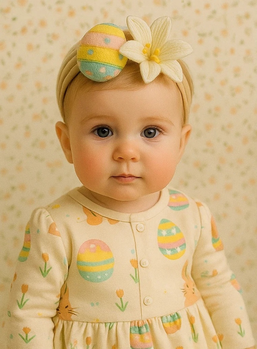 Easter Baby Headband with Cute Yellow-Pink Dotted Egg and Lily Flower
