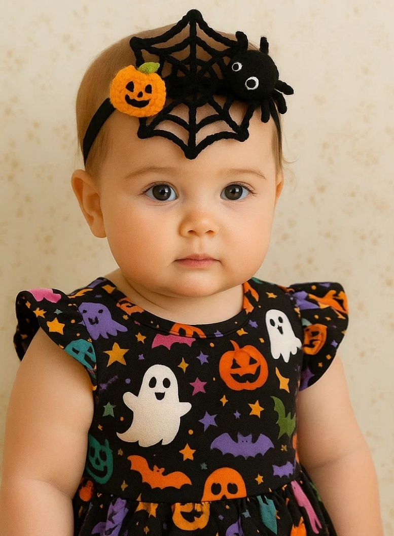 Radiant Halo Halloween Web Baby Headband with Spider, Pumpkin, and Ghost