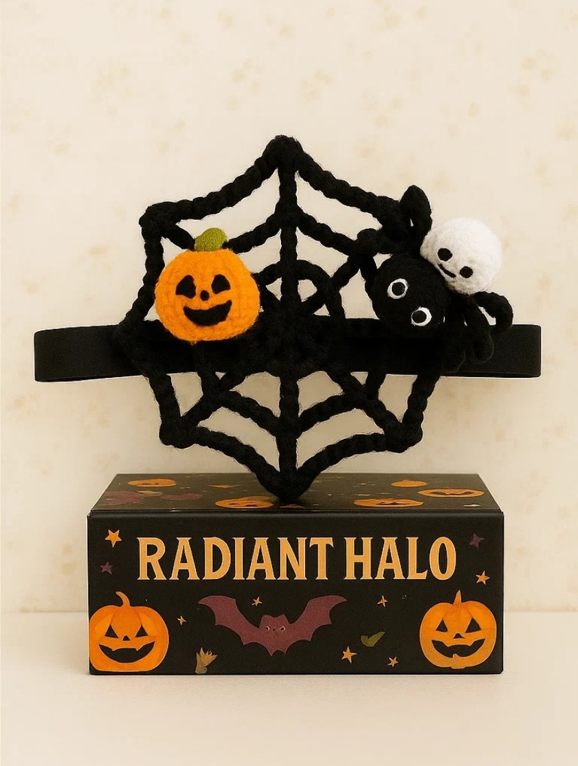 Radiant Halo Halloween Web Baby Headband with Spider, Pumpkin, and Ghost
