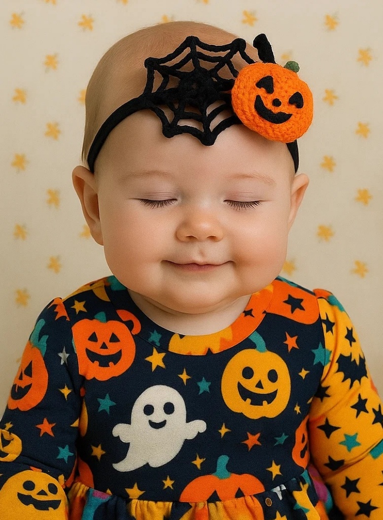 Radiant Halo Halloween Web Baby Headband with Smiling Pumpkin and Ghost