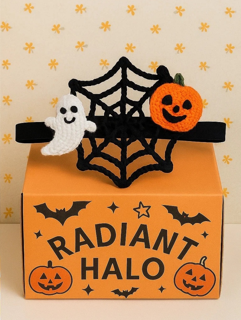 Radiant Halo Halloween Web Baby Headband with Smiling Pumpkin and Ghost