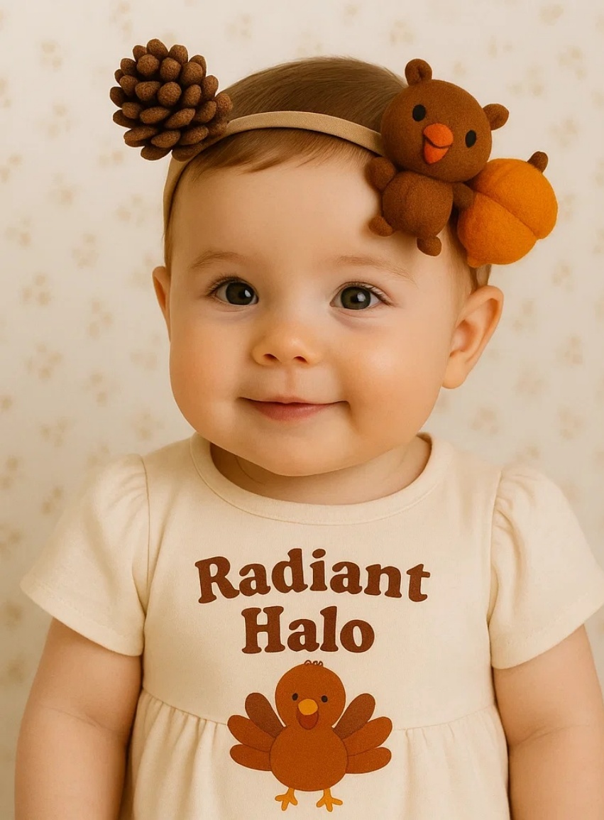 Autumn Pumpkin & Bear Baby Headband – Cozy Thanksgiving Felt Forest Band