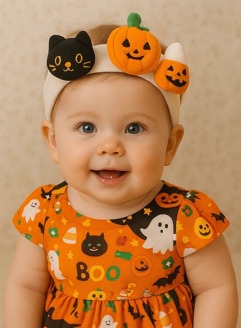 Radiant Halo Halloween Baby Haarband mit Kürbis, Schwarzer Katze und Süßmais