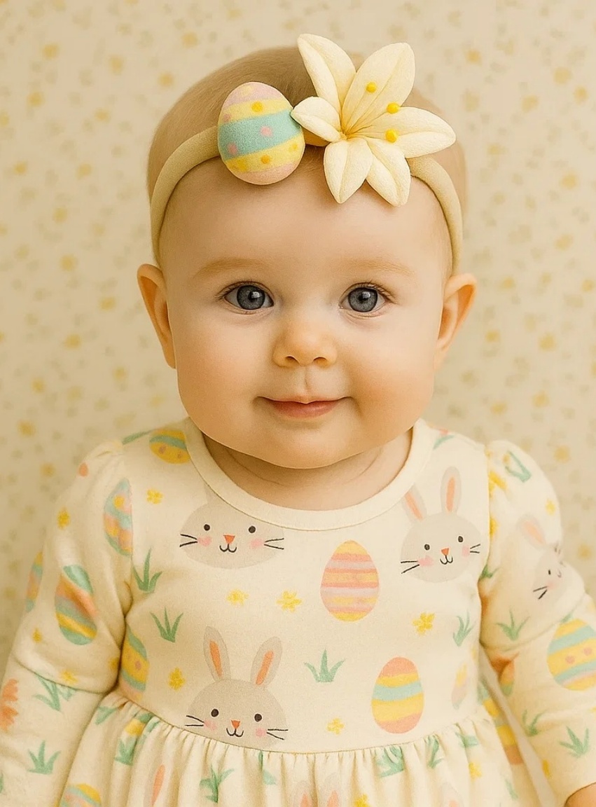 Bandeau bébé œuf de Pâques rayé et fleur – Accessoire doux pour le printemps