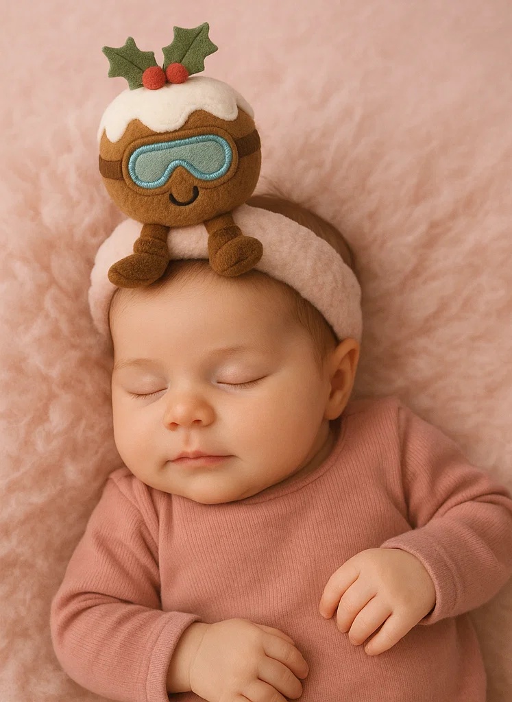 Christmas Pudding Plush Baby Headband with Goggles | Soft Fleece Cartoon Infant Hair Accessory