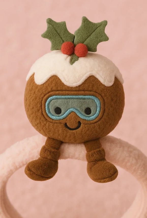 Christmas Pudding Plush Baby Headband with Goggles | Soft Fleece Cartoon Infant Hair Accessory