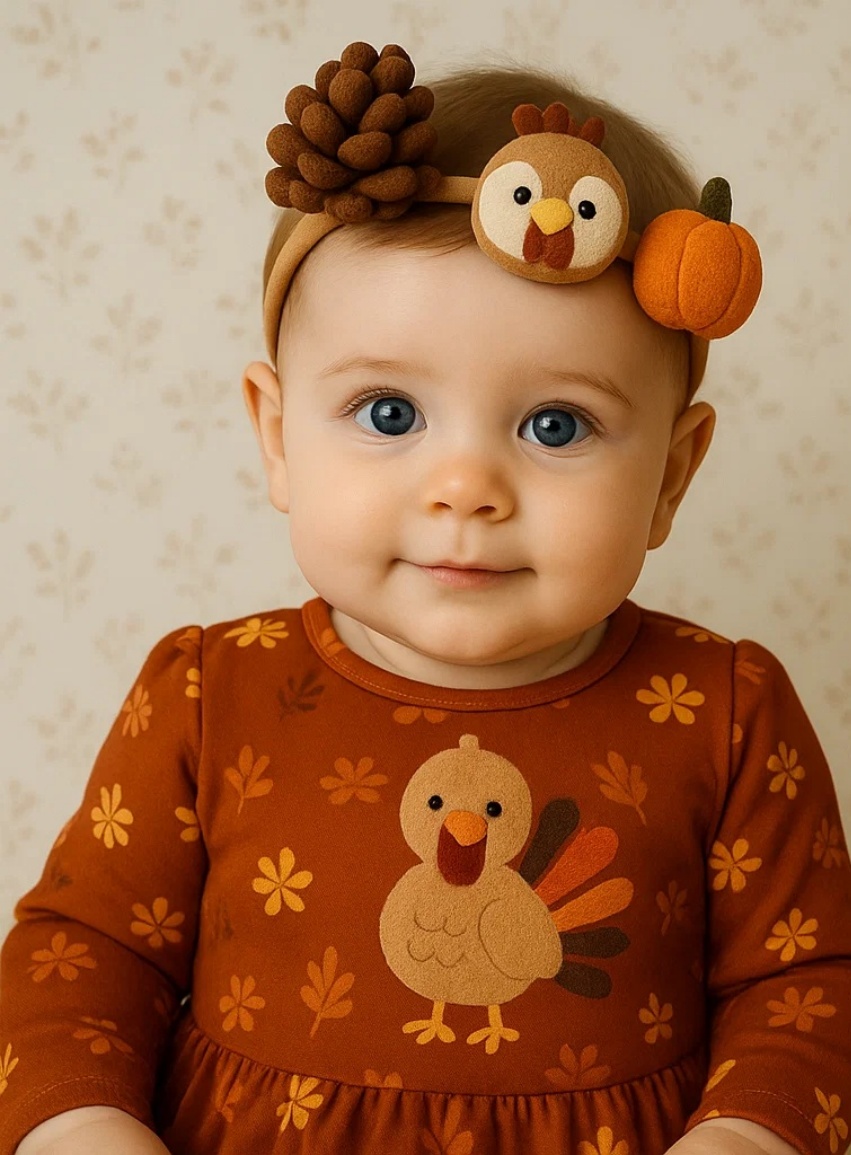 Plüsch-Türkei Stirnband für Babys mit Kürbis & Kiefernzapfen – Süßes Herbst-Fotoaccessoire