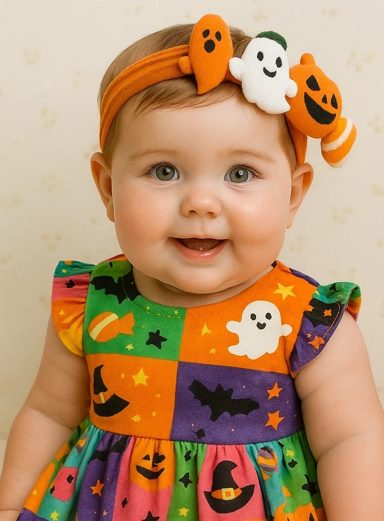 Faixa de Cabelo de Pelúcia Halloween para Bebê - Abóbora, Fantasma e Doces Divertidos